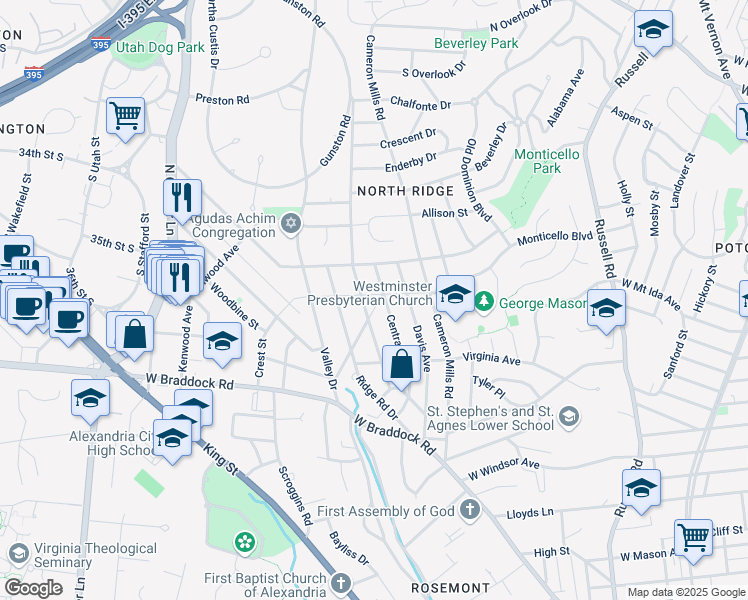 map of restaurants, bars, coffee shops, grocery stores, and more near 2710 Fordham Road in Alexandria