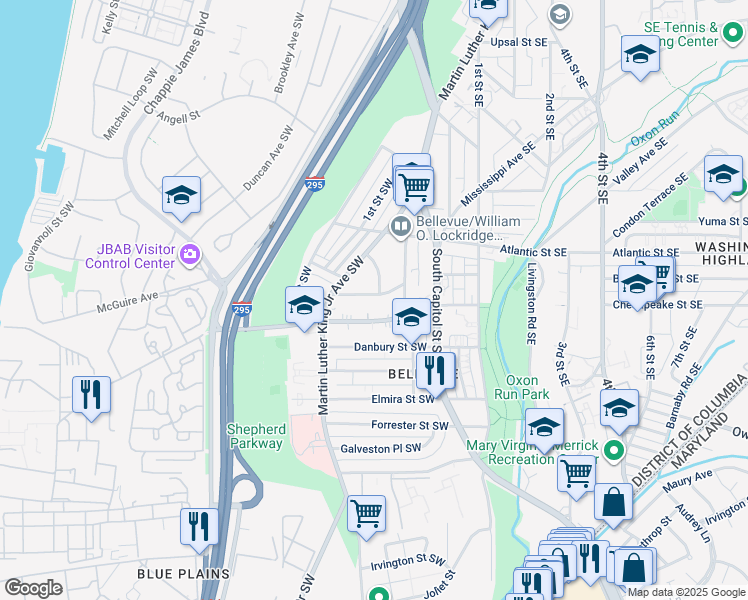 map of restaurants, bars, coffee shops, grocery stores, and more near 30 Brandywine Street Southwest in Washington