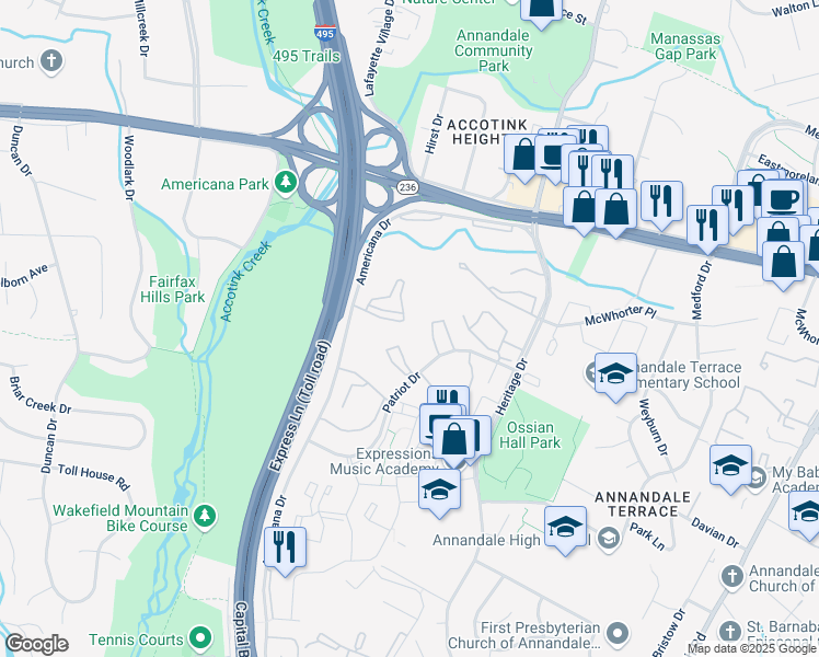 map of restaurants, bars, coffee shops, grocery stores, and more near 4343 Americana Drive in Annandale