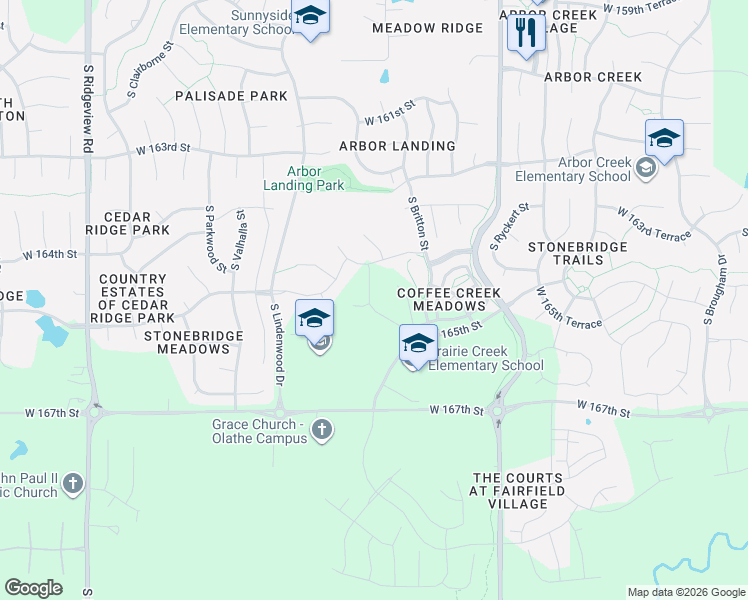 map of restaurants, bars, coffee shops, grocery stores, and more near 16474 South Laurelwood Street in Olathe