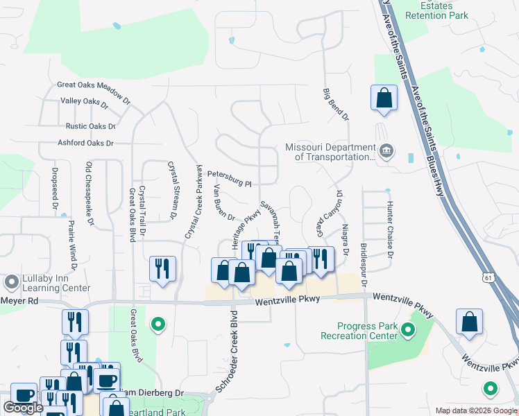 map of restaurants, bars, coffee shops, grocery stores, and more near Heritage Parkway in Wentzville