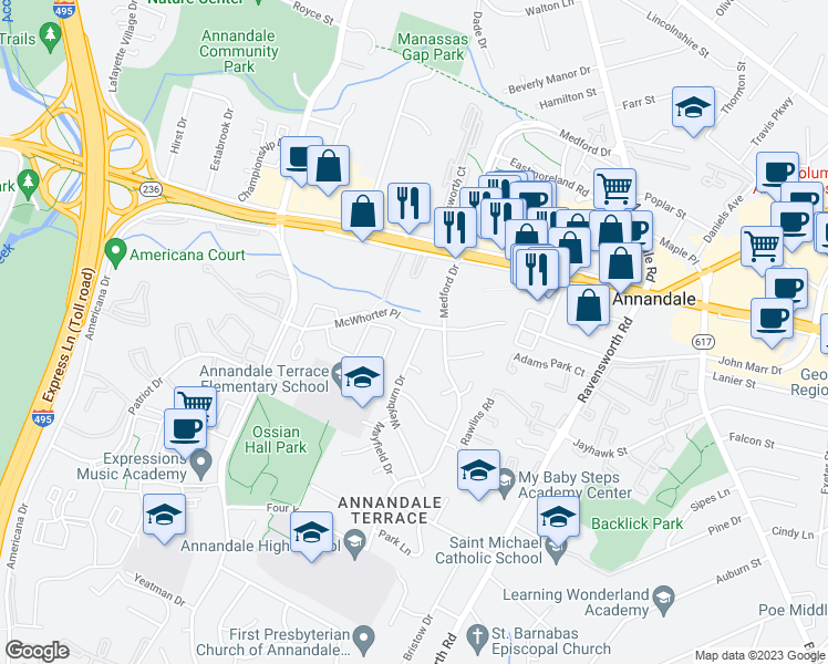 map of restaurants, bars, coffee shops, grocery stores, and more near 4400 Weyburn Drive in Annandale