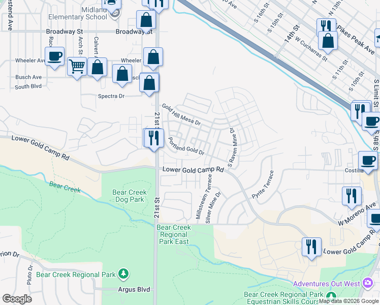 map of restaurants, bars, coffee shops, grocery stores, and more near 304 Eclipse Drive in Colorado Springs