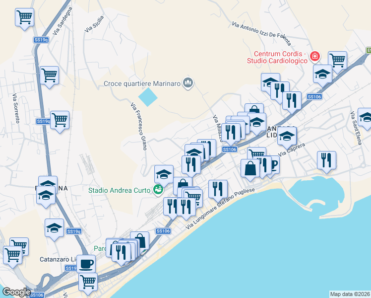 map of restaurants, bars, coffee shops, grocery stores, and more near 39 Via Taranto in Catanzaro