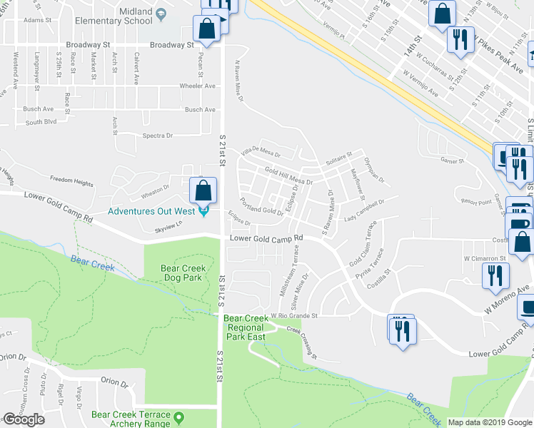 map of restaurants, bars, coffee shops, grocery stores, and more near 304 Eclipse Drive in Colorado Springs