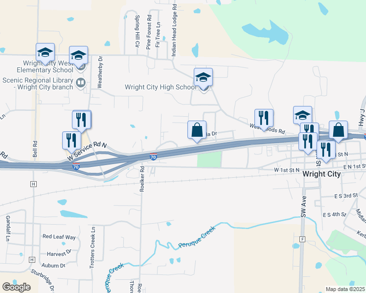 map of restaurants, bars, coffee shops, grocery stores, and more near 421N West 2nd Street North in Wright City