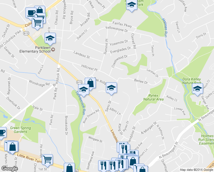 map of restaurants, bars, coffee shops, grocery stores, and more near 6329 Oak Ridge Drive in Alexandria