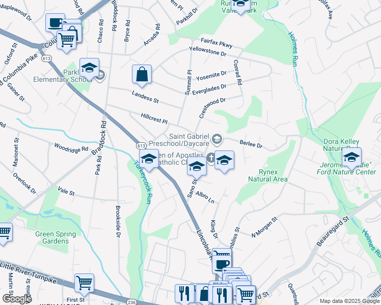 map of restaurants, bars, coffee shops, grocery stores, and more near 6329 Oak Ridge Drive in Alexandria