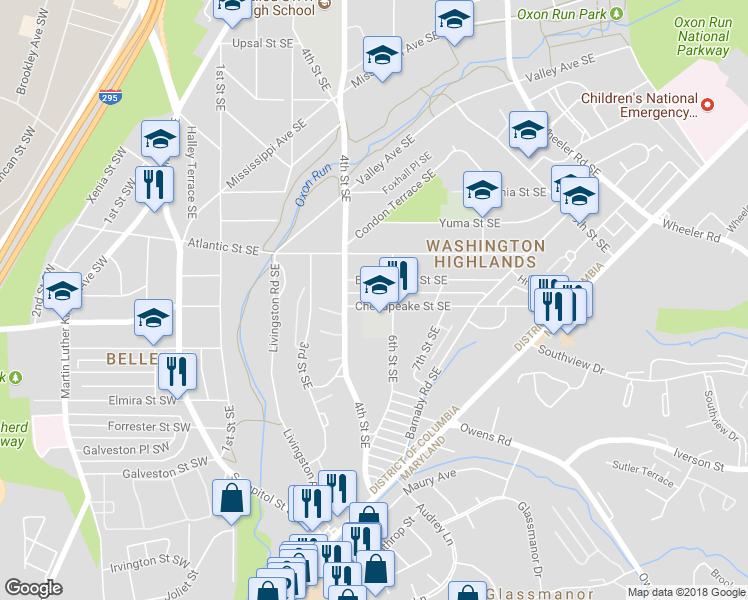 map of restaurants, bars, coffee shops, grocery stores, and more near 500 Chesapeake Street Southeast in Washington