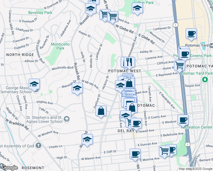 map of restaurants, bars, coffee shops, grocery stores, and more near 23 Groves Avenue in Alexandria