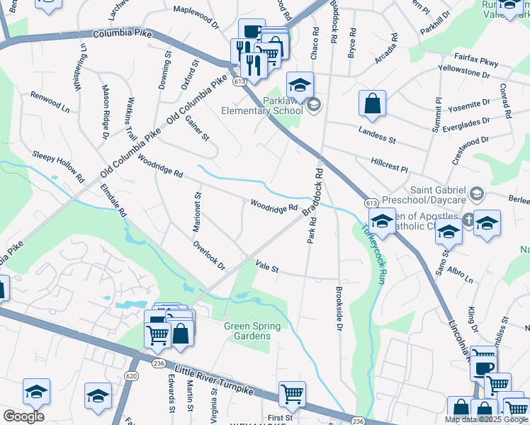 map of restaurants, bars, coffee shops, grocery stores, and more near 6423 Woodridge Road in Alexandria