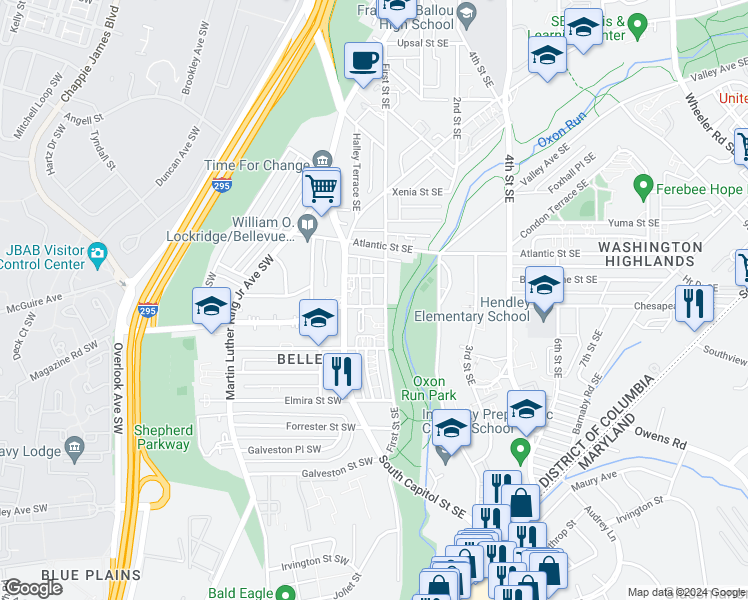 map of restaurants, bars, coffee shops, grocery stores, and more near 40 Chesapeake Street Southeast in Washington