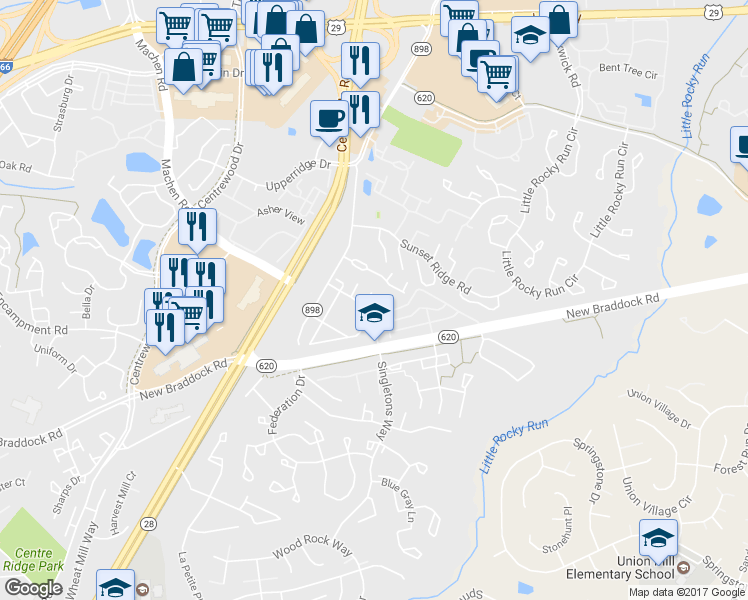map of restaurants, bars, coffee shops, grocery stores, and more near 6109 George Baylor Drive in Centreville