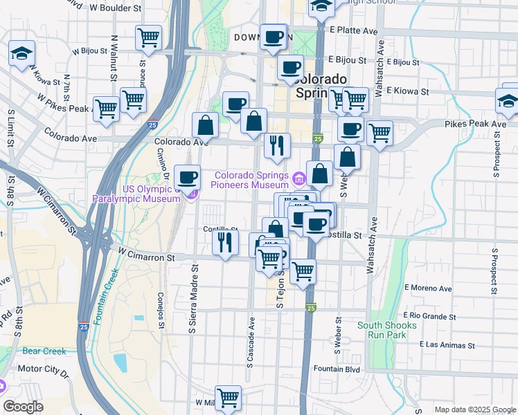 map of restaurants, bars, coffee shops, grocery stores, and more near 318 South Cascade Avenue in Colorado Springs
