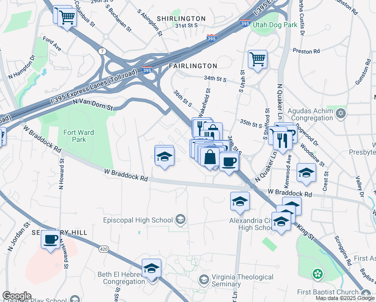 map of restaurants, bars, coffee shops, grocery stores, and more near 3741 Jason Avenue in Alexandria