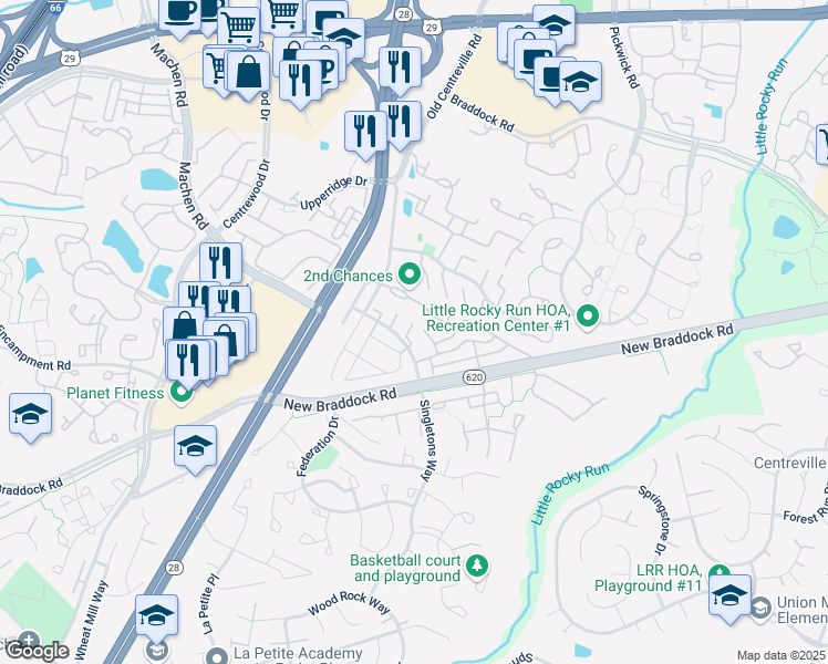 map of restaurants, bars, coffee shops, grocery stores, and more near 6109 George Baylor Drive in Centreville