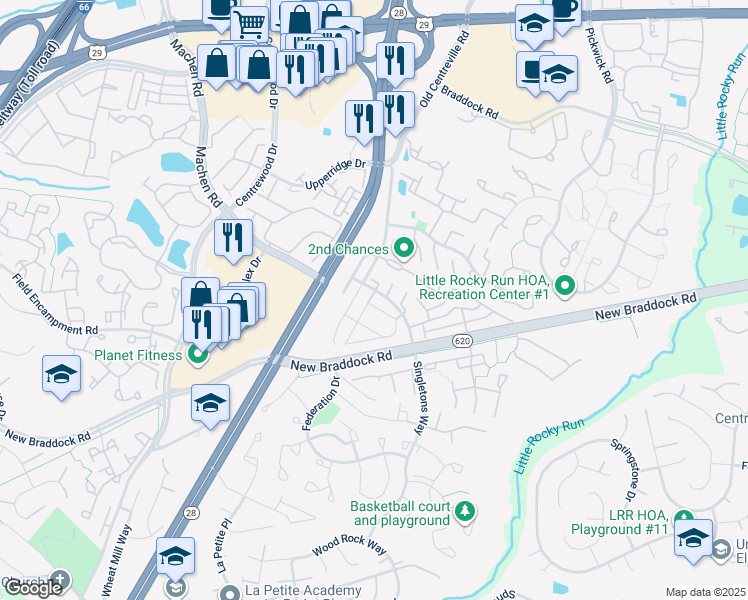 map of restaurants, bars, coffee shops, grocery stores, and more near 6101 Hoskins Hollow Circle in Centreville