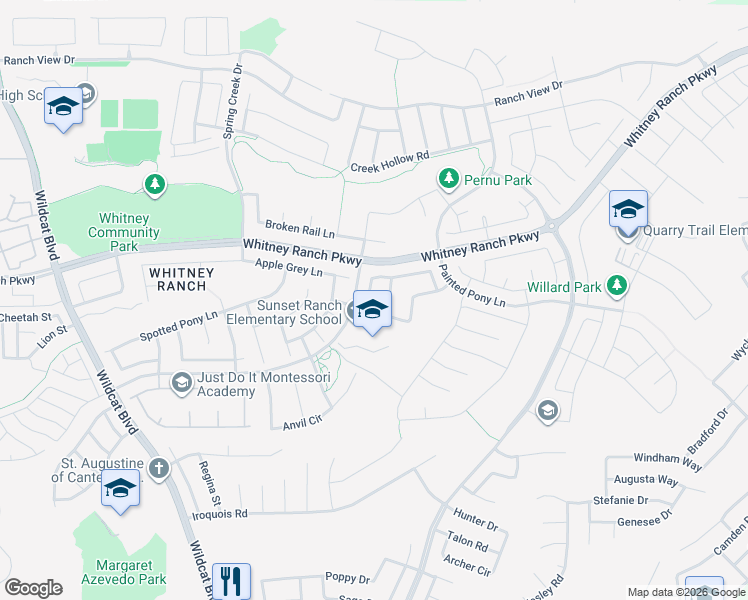 map of restaurants, bars, coffee shops, grocery stores, and more near 901 Campfire Circle in Rocklin