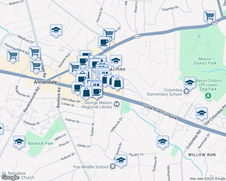 map of restaurants, bars, coffee shops, grocery stores, and more near 7010 Little River Turnpike in Annandale