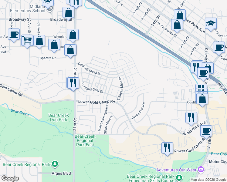 map of restaurants, bars, coffee shops, grocery stores, and more near 1357 Cresson Mine Drive in Colorado Springs