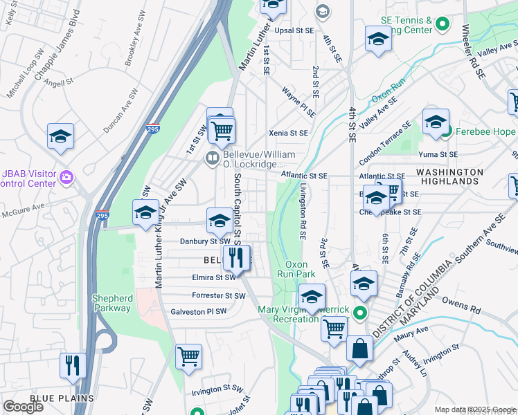 map of restaurants, bars, coffee shops, grocery stores, and more near 40 Chesapeake Street Southeast in Washington