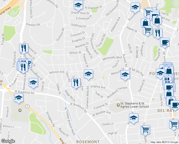 map of restaurants, bars, coffee shops, grocery stores, and more near 526 Monticello Boulevard in Alexandria