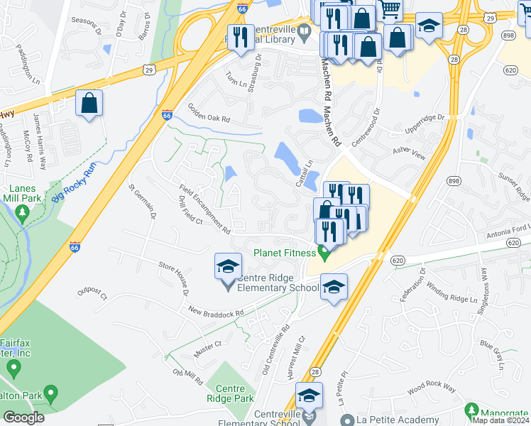 map of restaurants, bars, coffee shops, grocery stores, and more near 6240 Battalion Street in Centreville