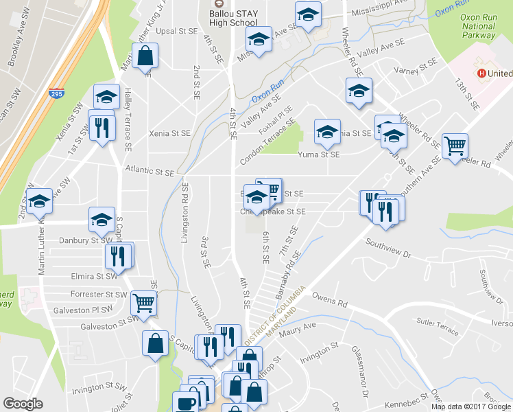 map of restaurants, bars, coffee shops, grocery stores, and more near 508 Chesapeake Street Southeast in Washington