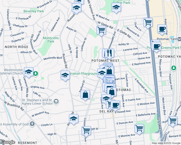 map of restaurants, bars, coffee shops, grocery stores, and more near 23 Groves Avenue in Alexandria