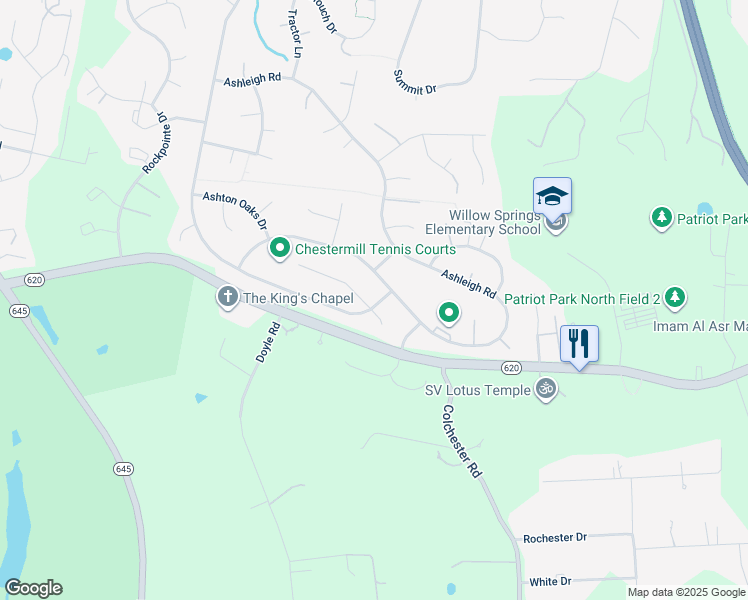 map of restaurants, bars, coffee shops, grocery stores, and more near 5508 Chestermill Drive in Fairfax