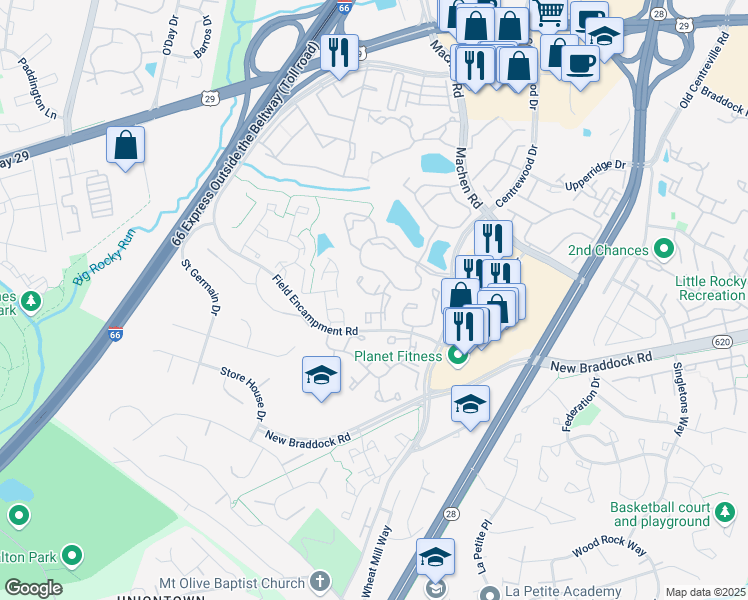map of restaurants, bars, coffee shops, grocery stores, and more near 6240 Battalion Street in Centreville