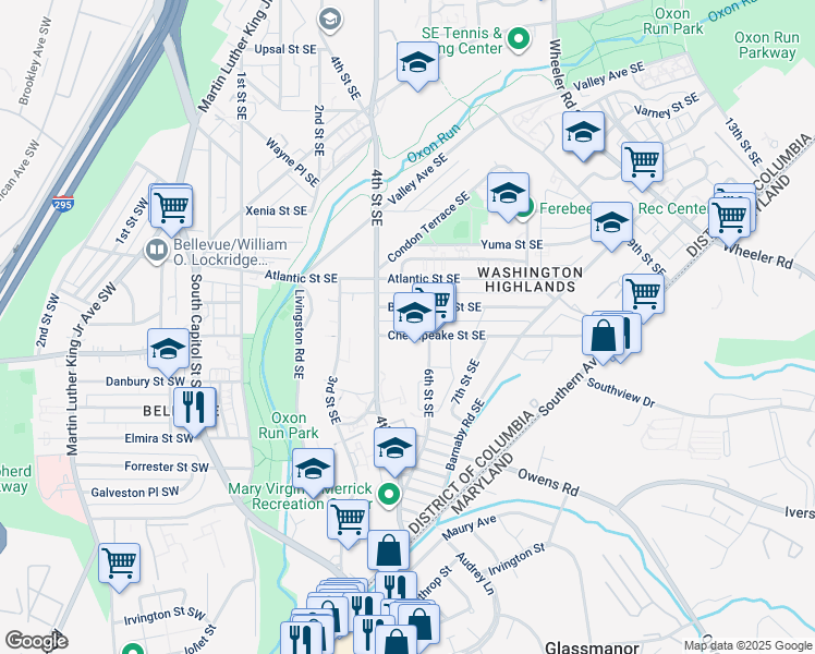 map of restaurants, bars, coffee shops, grocery stores, and more near 500 Chesapeake Street Southeast in Washington