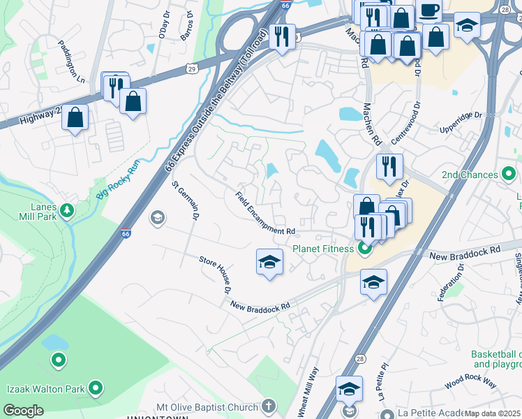 map of restaurants, bars, coffee shops, grocery stores, and more near 14269 Glade Spring Drive in Centreville