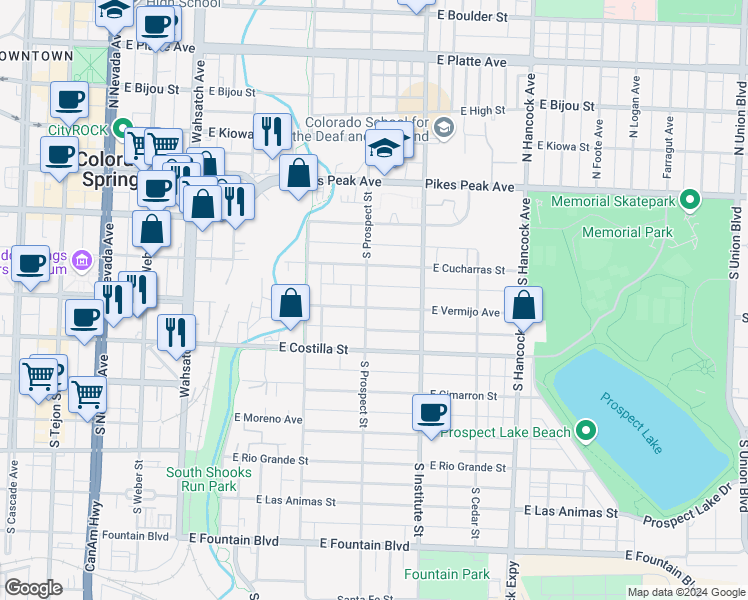 map of restaurants, bars, coffee shops, grocery stores, and more near 302 South Prospect Street in Colorado Springs