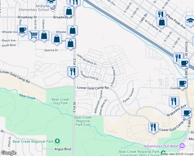 map of restaurants, bars, coffee shops, grocery stores, and more near 304 Eclipse Drive in Colorado Springs