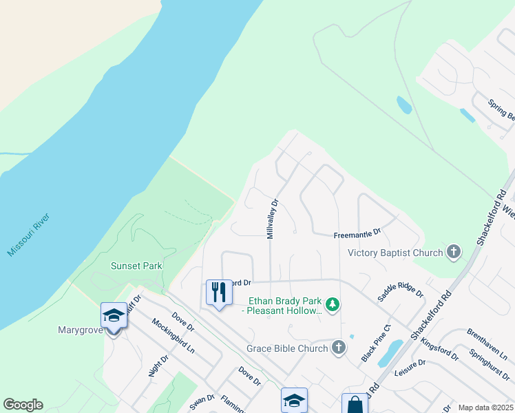 map of restaurants, bars, coffee shops, grocery stores, and more near 2356 Periwinkle Court in Florissant