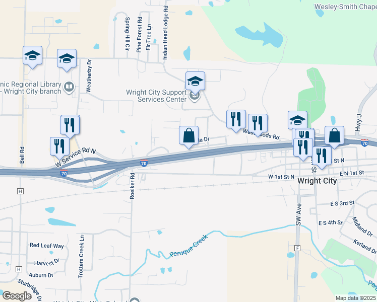 map of restaurants, bars, coffee shops, grocery stores, and more near 13410 East Veterans Memorial Parkway in Wright City