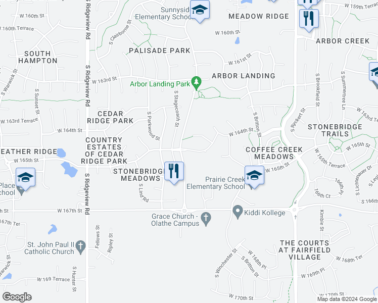 map of restaurants, bars, coffee shops, grocery stores, and more near 17450 167th Street in Olathe