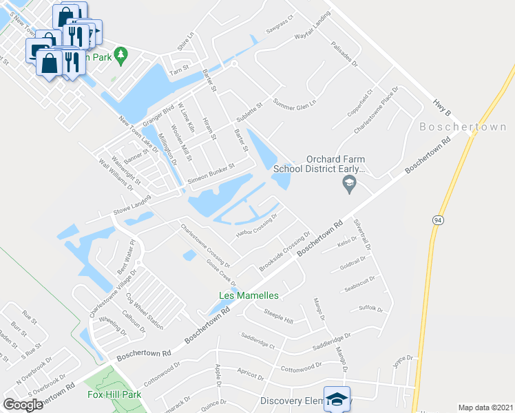 map of restaurants, bars, coffee shops, grocery stores, and more near 3605 Sweetwater Crossing Place in Saint Charles