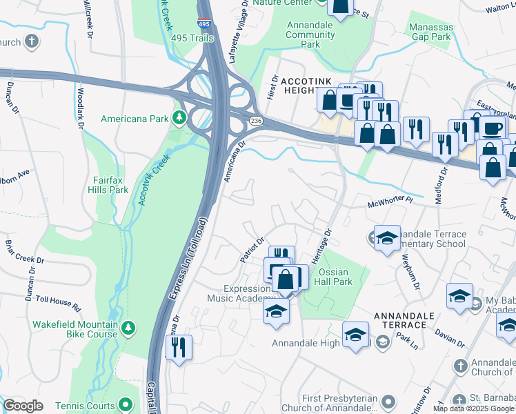 map of restaurants, bars, coffee shops, grocery stores, and more near 4341 Americana Drive in Annandale