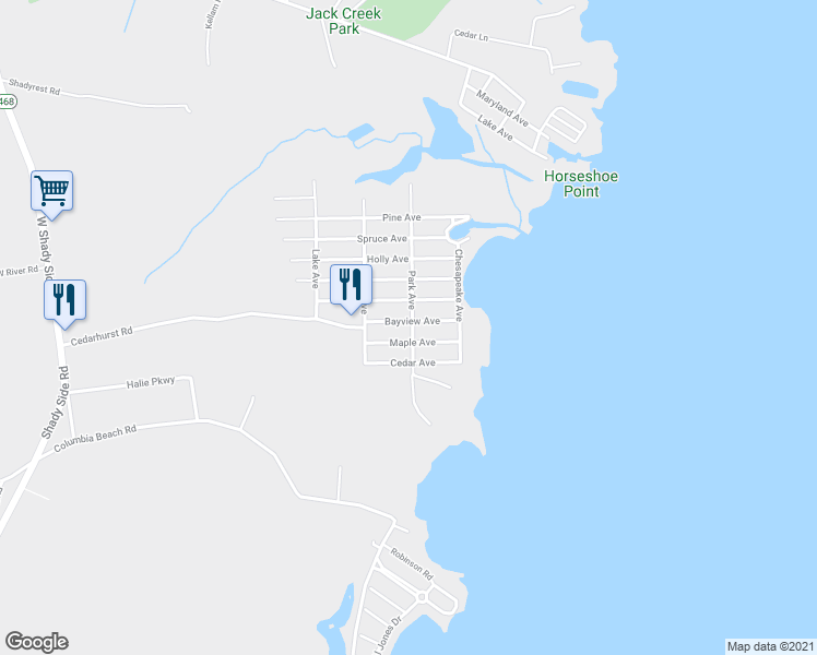 map of restaurants, bars, coffee shops, grocery stores, and more near 1191 Bayview Avenue in Shady Side