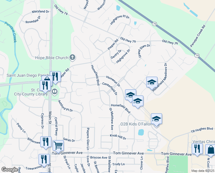 map of restaurants, bars, coffee shops, grocery stores, and more near 247 Centerfield Drive in O'Fallon