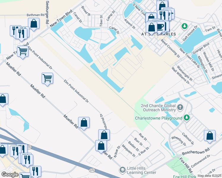 map of restaurants, bars, coffee shops, grocery stores, and more near Boschert Trail in Saint Charles