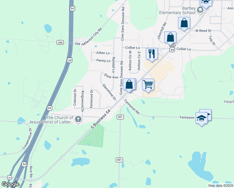 map of restaurants, bars, coffee shops, grocery stores, and more near 1505 Glenstone Dr in Fulton