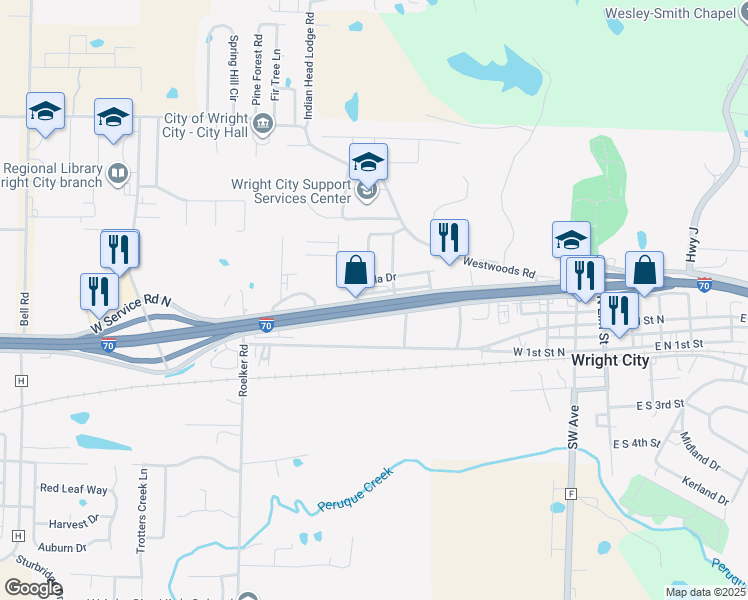 map of restaurants, bars, coffee shops, grocery stores, and more near 425 East Service Road North in Wright City