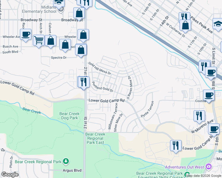 map of restaurants, bars, coffee shops, grocery stores, and more near 304 Eclipse Drive in Colorado Springs