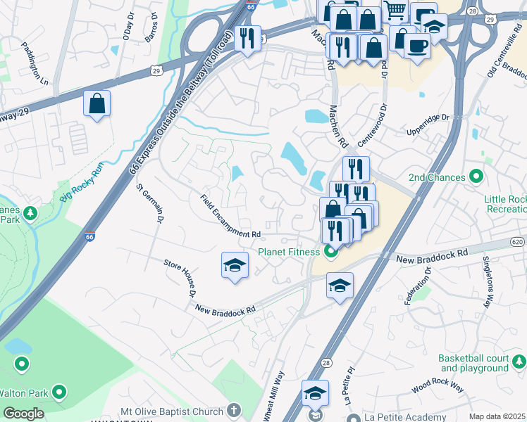 map of restaurants, bars, coffee shops, grocery stores, and more near 6230 Battalion Street in Centreville