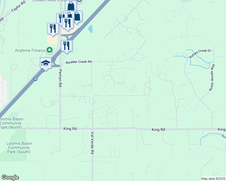 map of restaurants, bars, coffee shops, grocery stores, and more near 3340 Sierra Springs Court in Penryn