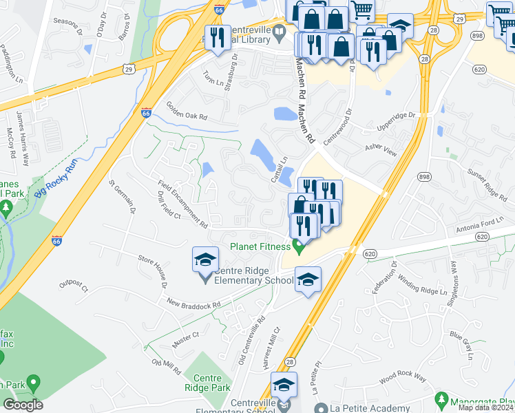 map of restaurants, bars, coffee shops, grocery stores, and more near 6201 Bella Drive in Centreville