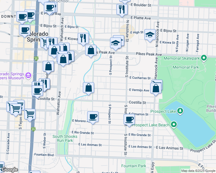 map of restaurants, bars, coffee shops, grocery stores, and more near 302 South Prospect Street in Colorado Springs